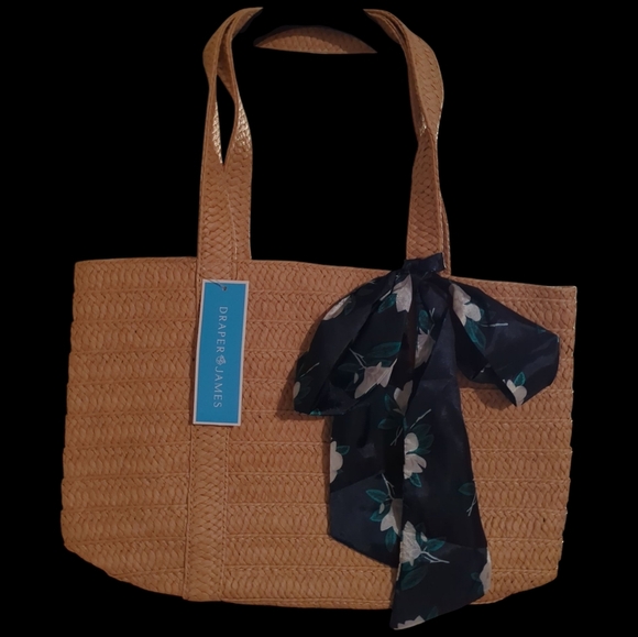 Draper James Handbags - NWT Women's Draper James One Size Beige Straw Tote Bag with Navy Blue Scarf